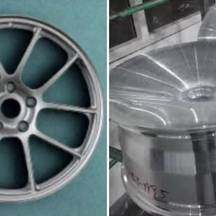 Raw 6061-T6 aluminum billet beside a finished forged wheel on a workshop bench