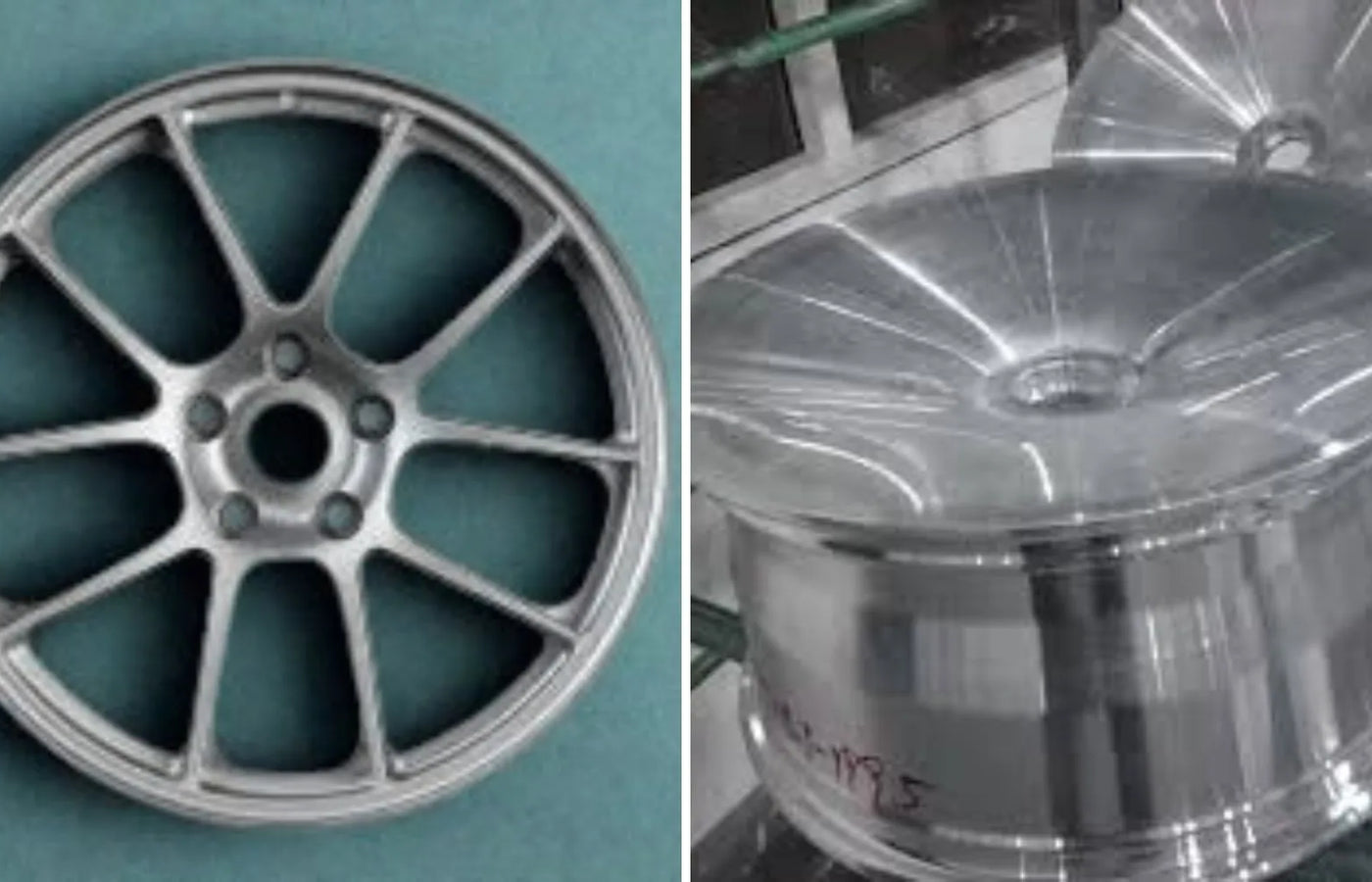 Raw 6061-T6 aluminum billet beside a finished forged wheel on a workshop bench