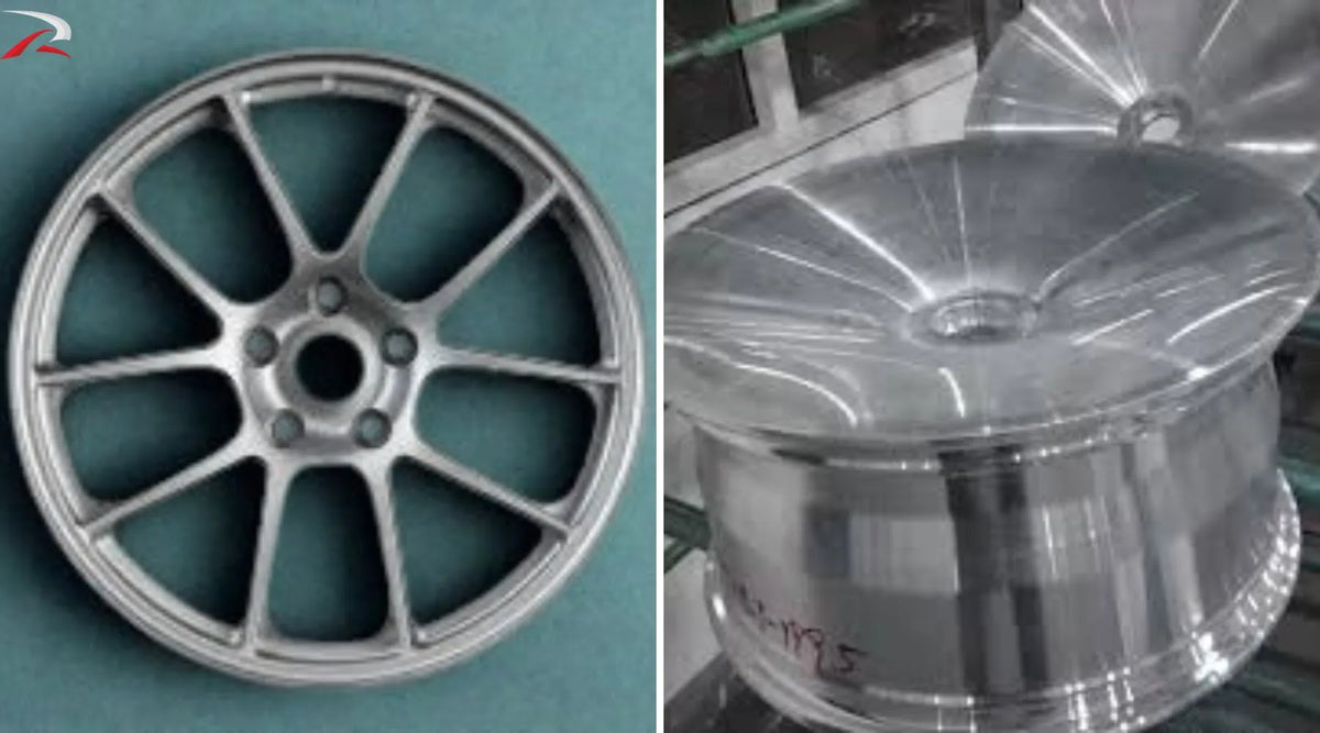 Raw 6061-T6 aluminum billet beside a finished forged wheel on a workshop bench