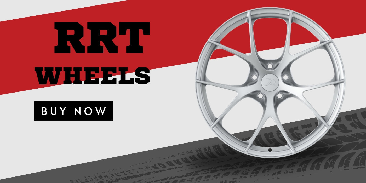 RRT Wheels promotional banner featuring a silver multi-spoke forged wheel with bold red and white background and “Buy Now” call to action.