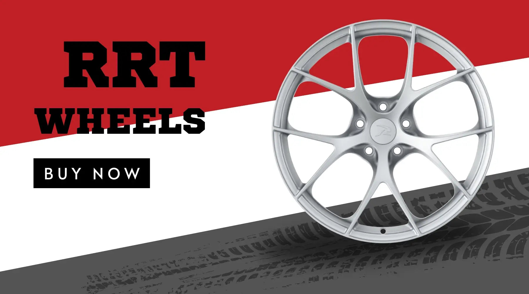 RRT Wheels promotional banner featuring a silver multi-spoke forged wheel with bold red and white background and “Buy Now” call to action.