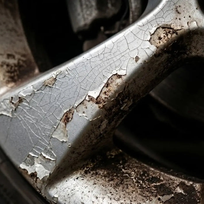 Close-up of a car wheel showing peeling liquid paint and acidic brake dust corrosion caused by thermal stress.