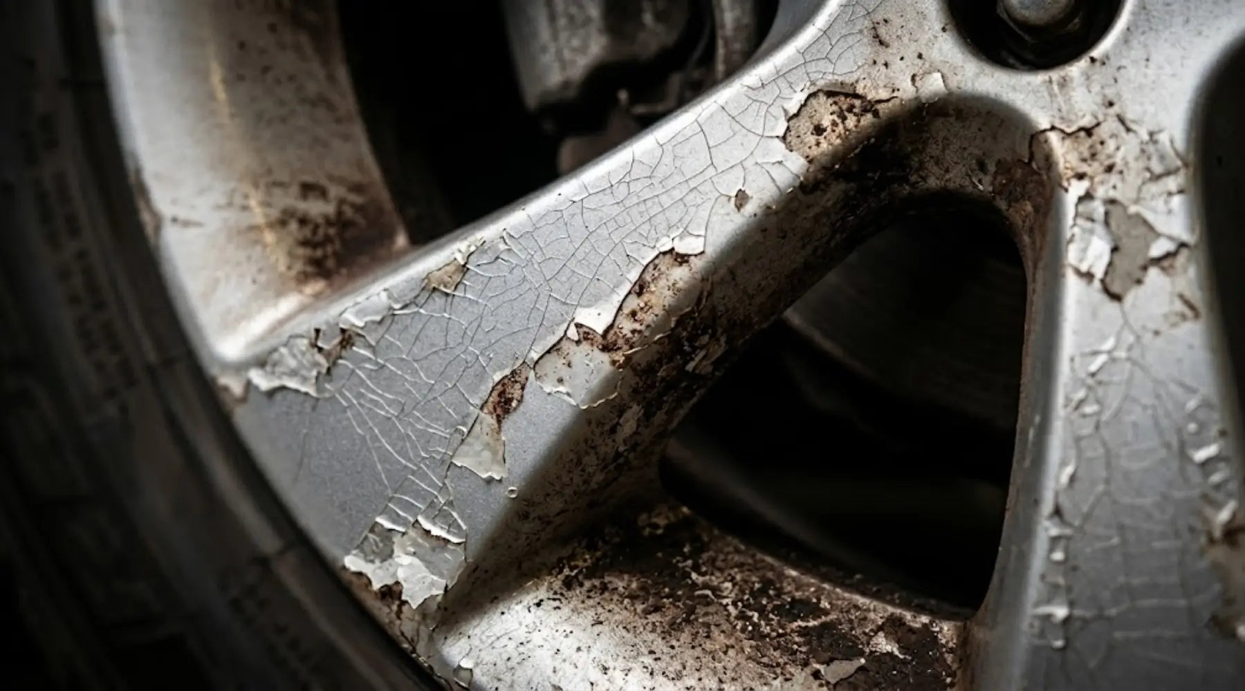 Close-up of a car wheel showing peeling liquid paint and acidic brake dust corrosion caused by thermal stress.